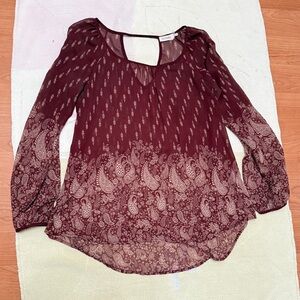 Blu Pepper Womens Burgundy Boho Print Long Sleeve V Neck Casual Tunic Top S